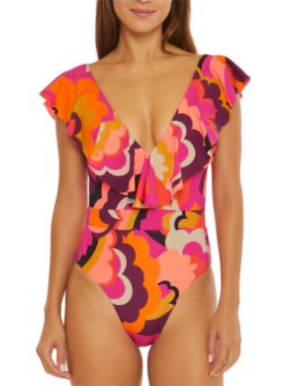 NWT Trina Turk Women's Fan Faire Ruffled Plunge one piece swimsuit Size 14